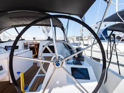 Cockpit of Martha, a Jeanneau Sun Odyssey 410 sailboat at Municipal Unit of Lefkada, Greece