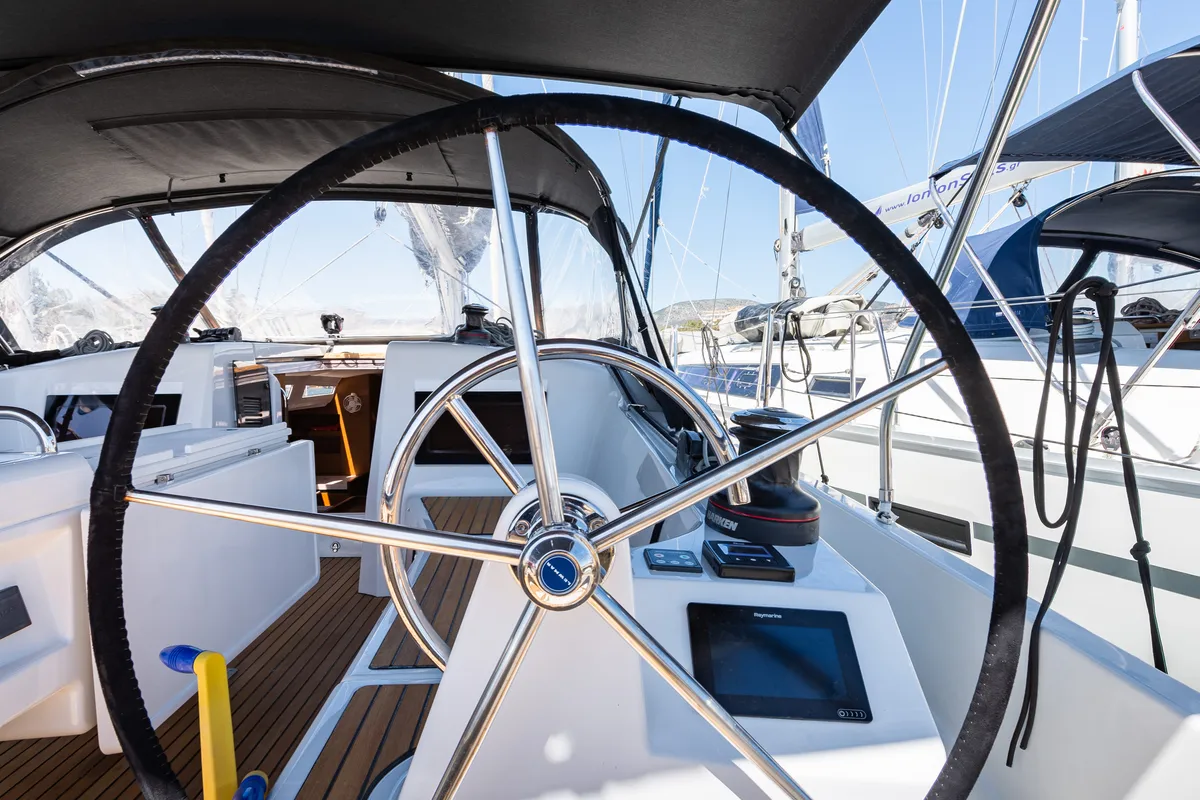 Cockpit of Martha, a Jeanneau Sun Odyssey 410 sailboat at Municipal Unit of Lefkada, Greece
