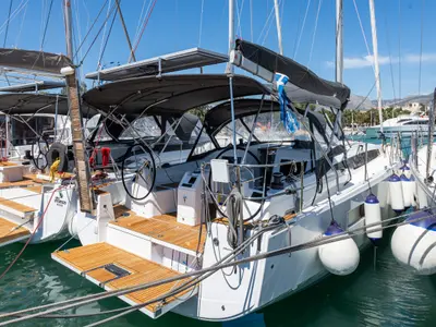 Deck of Martha, a Jeanneau Sun Odyssey 410 sailboat at Municipal Unit of Lefkada, Greece