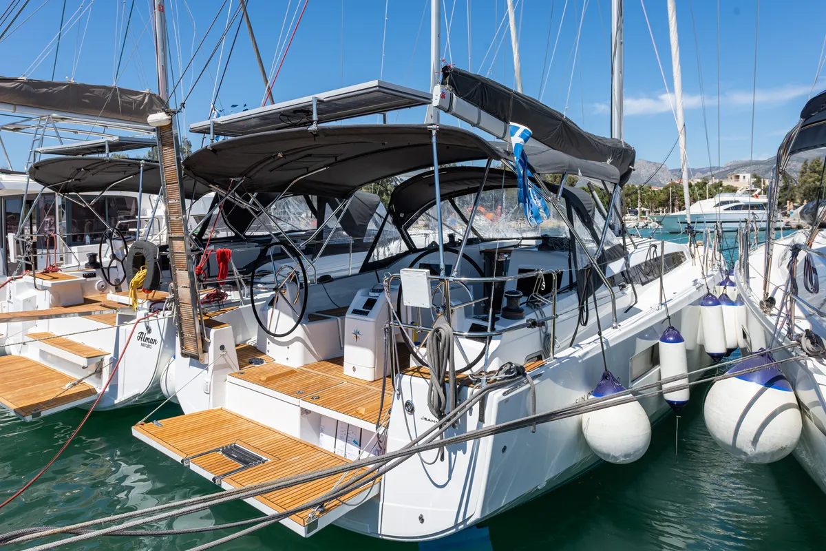 Deck of Martha, a Jeanneau Sun Odyssey 410 sailboat at Municipal Unit of Lefkada, Greece