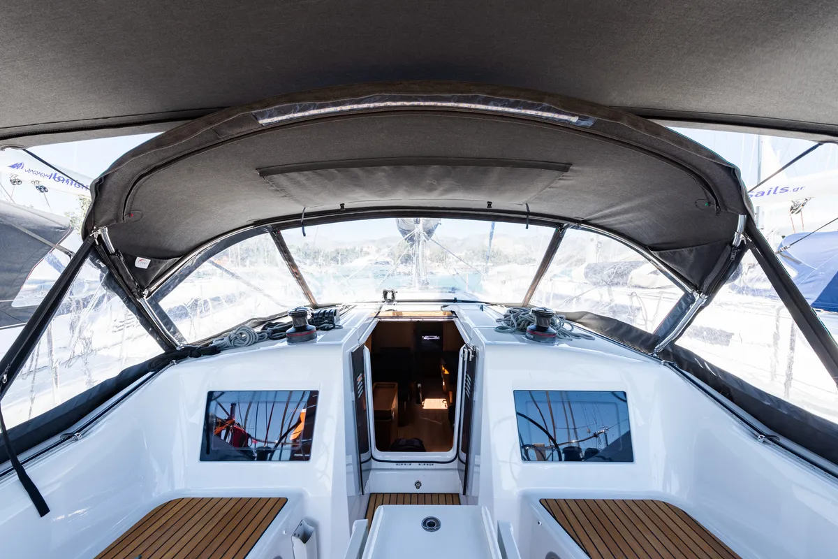 Deck of Martha, a Jeanneau Sun Odyssey 410 sailboat at Municipal Unit of Lefkada, Greece