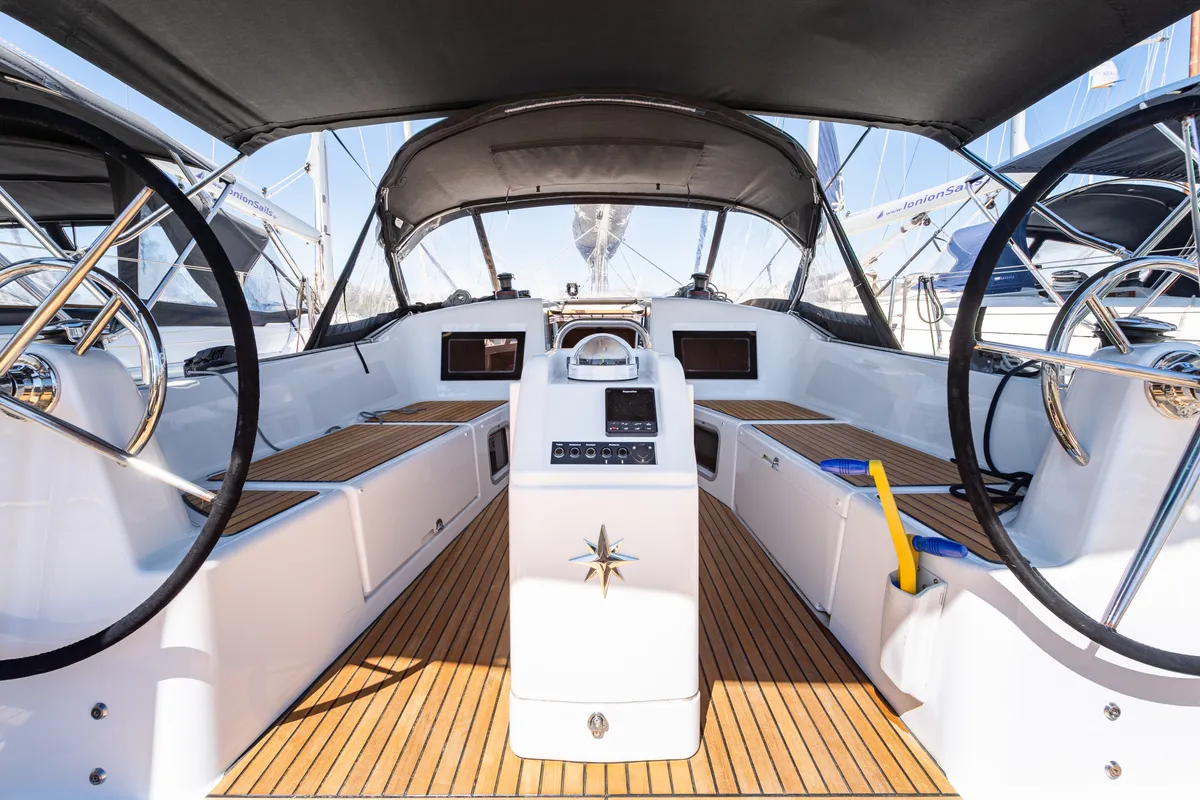 Cockpit of Martha, a Jeanneau Sun Odyssey 410 sailboat at Municipal Unit of Lefkada, Greece