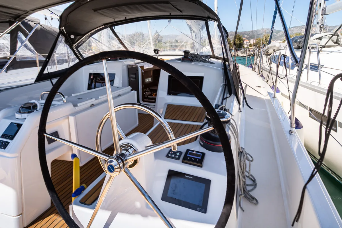 Cockpit of Martha, a Jeanneau Sun Odyssey 410 sailboat at Municipal Unit of Lefkada, Greece