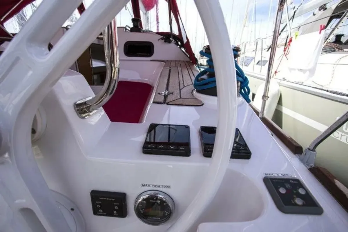 Cockpit of Google, a Elan Impression 40 sailboat at Grad Trogir, Croatia