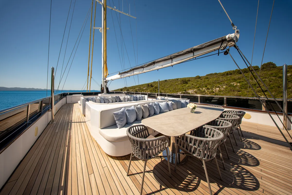 Deck of Anima Maris, a Gulet Luxury Sailing Yacht sailboat at Split, Croatia