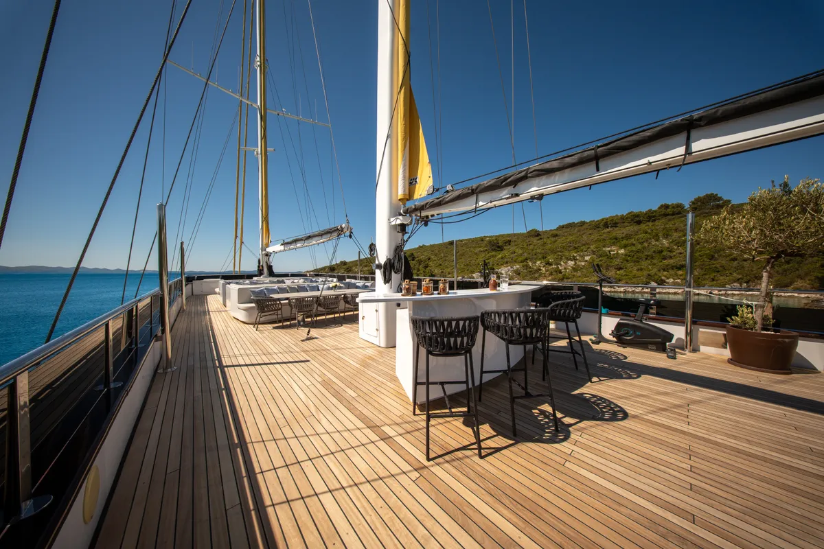 Deck of Anima Maris, a Gulet Luxury Sailing Yacht sailboat at Split, Croatia