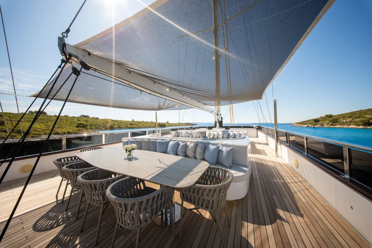 Deck of Anima Maris, a Gulet Luxury Sailing Yacht sailboat at Split, Croatia