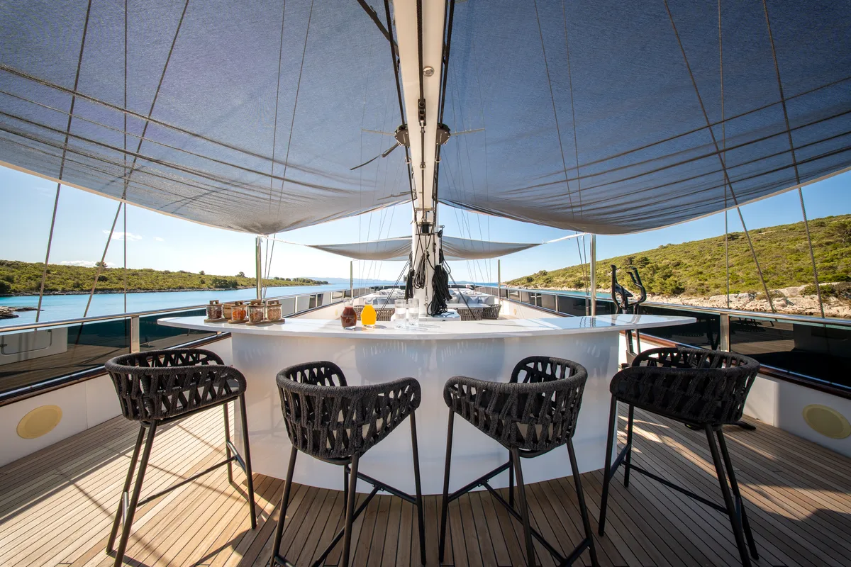 Deck of Anima Maris, a Gulet Luxury Sailing Yacht sailboat at Split, Croatia