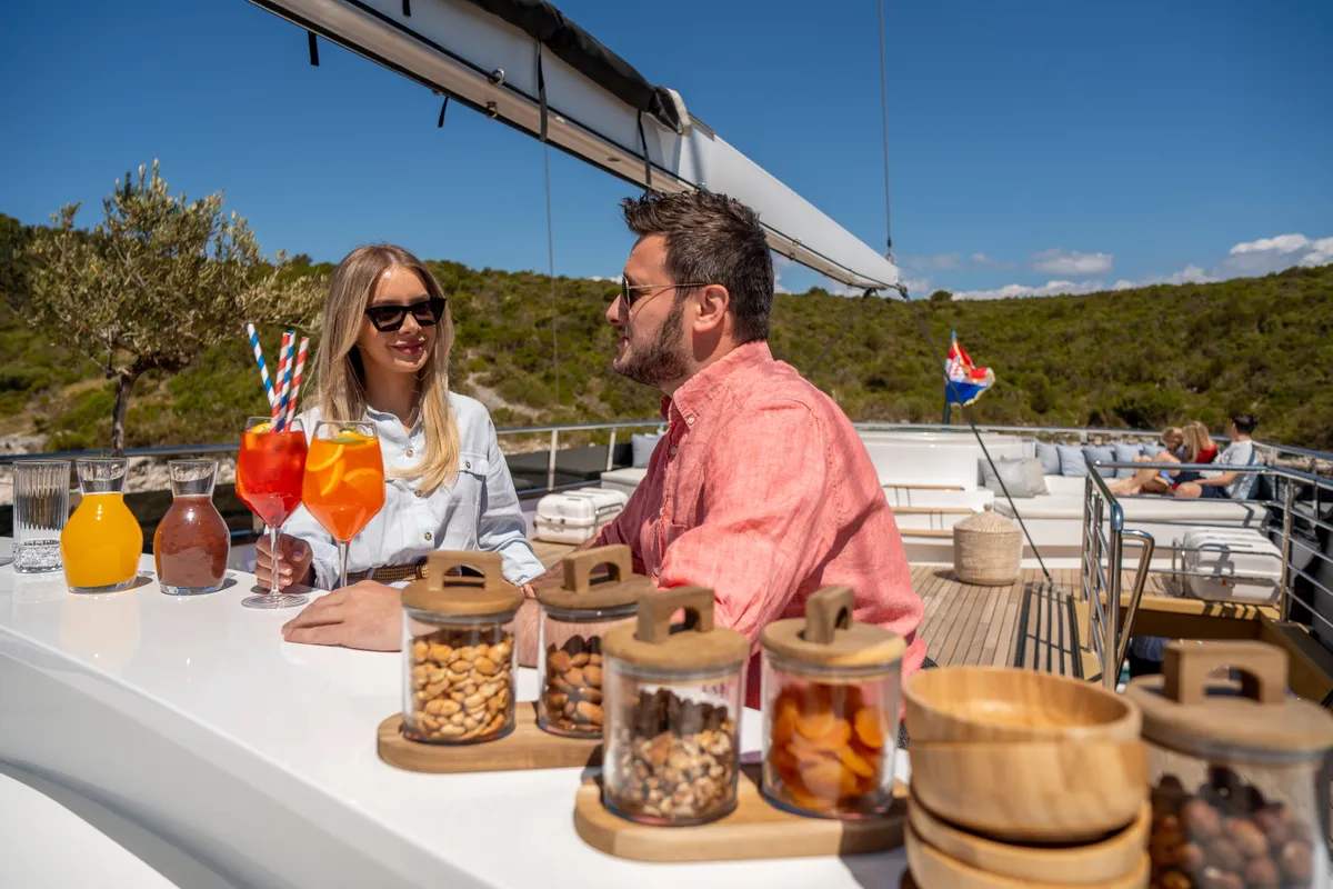 Deck of Anima Maris, a Gulet Luxury Sailing Yacht sailboat at Split, Croatia