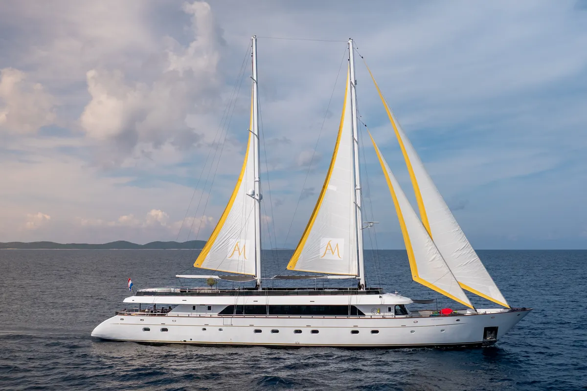 Exterior view of Anima Maris, a Gulet Luxury Sailing Yacht sailboat at Split, Croatia