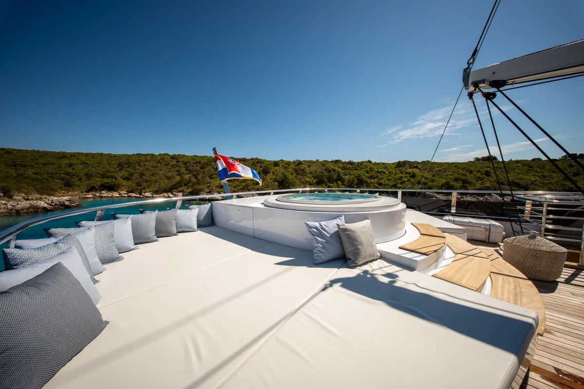 Deck of Anima Maris, a Gulet Luxury Sailing Yacht sailboat at Split, Croatia