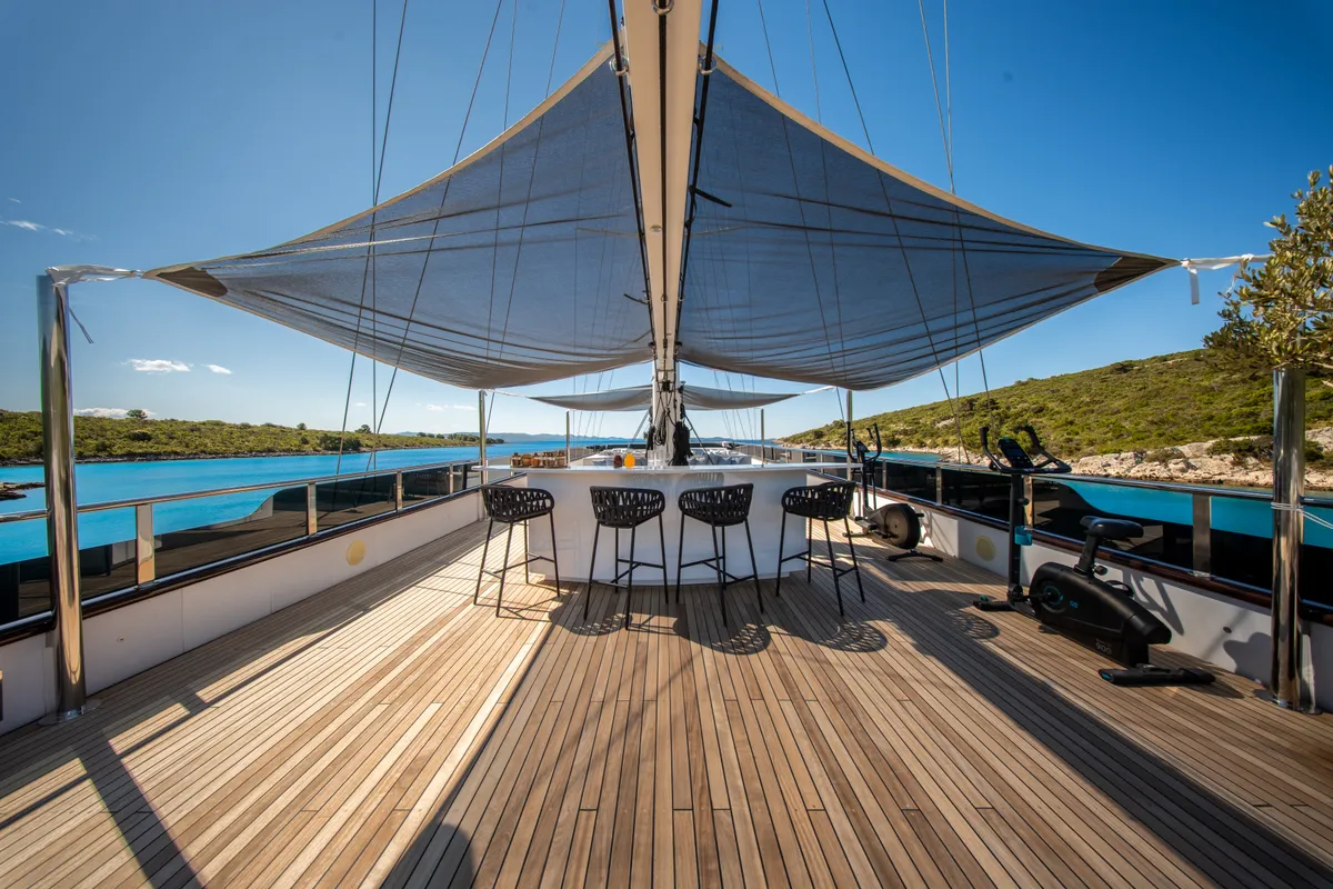 Deck of Anima Maris, a Gulet Luxury Sailing Yacht sailboat at Split, Croatia
