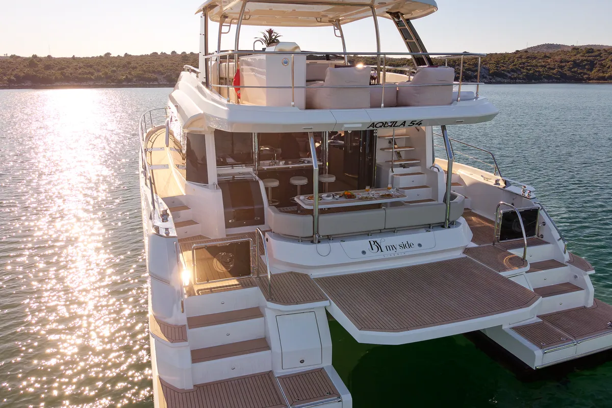 Exterior view of By My Side, a Aquila 54 Yacht catamaran at Šibenik, Croatia