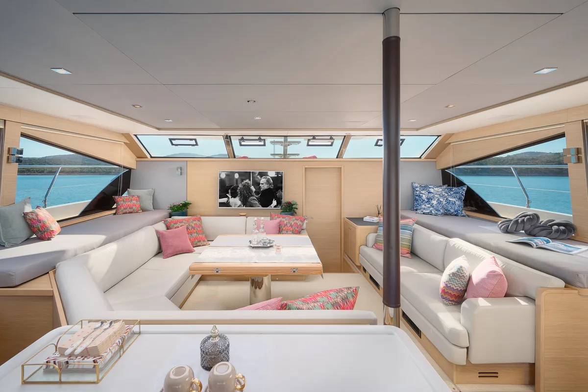 Salon of By My Side, a Aquila 54 Yacht catamaran at Šibenik, Croatia