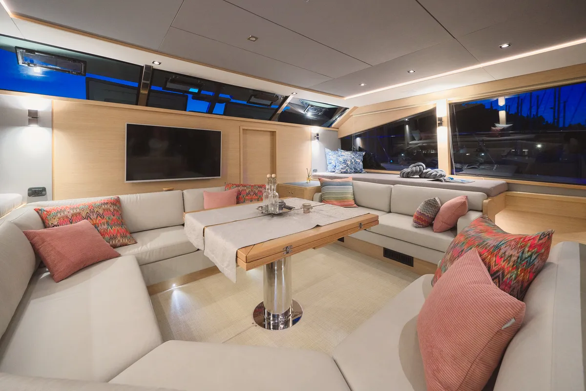 Salon of By My Side, a Aquila 54 Yacht catamaran at Šibenik, Croatia