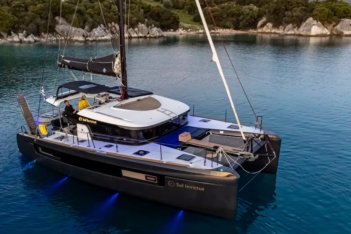 Exterior view of Sol Invictus, a Lagoon 40 catamaran at Preveza, Greece