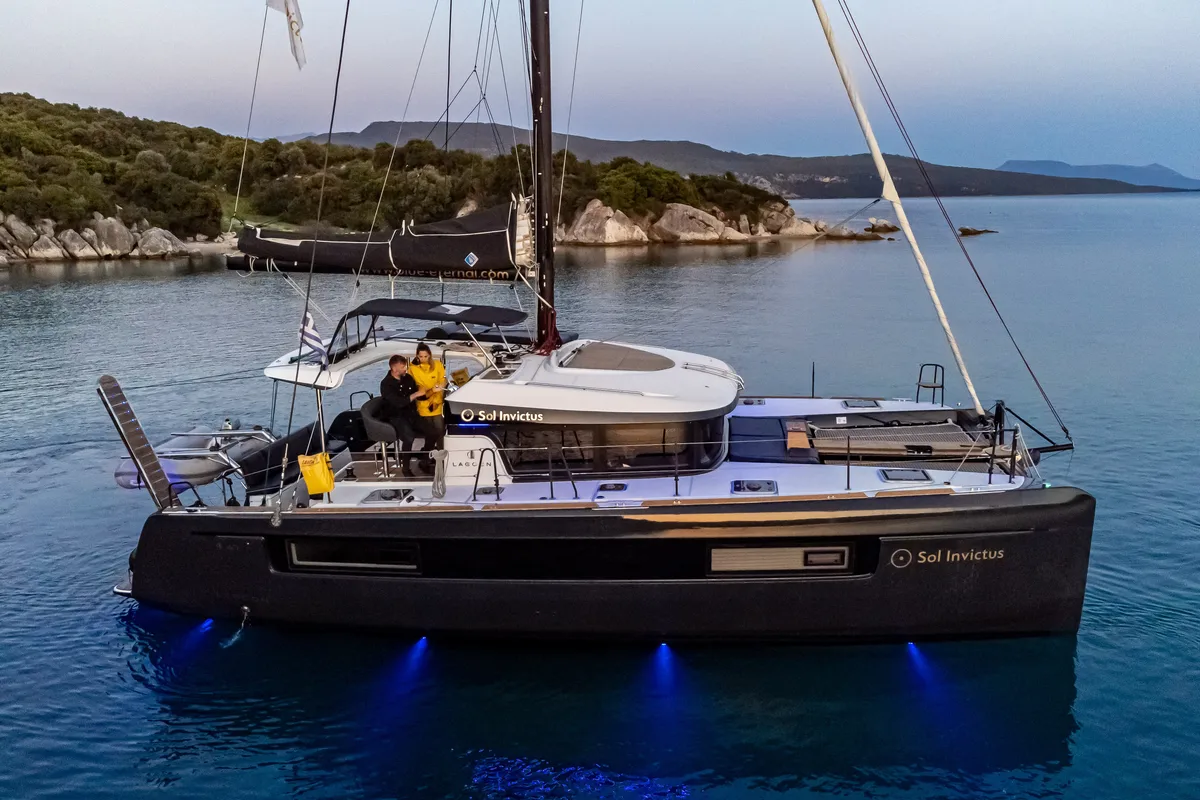 Exterior view of Sol Invictus, a Lagoon 40 catamaran at Preveza, Greece