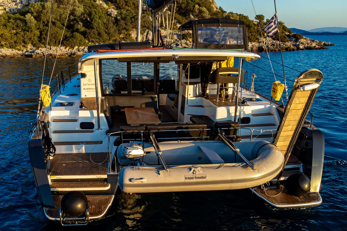 Exterior view of Sol Invictus, a Lagoon 40 catamaran at Preveza, Greece