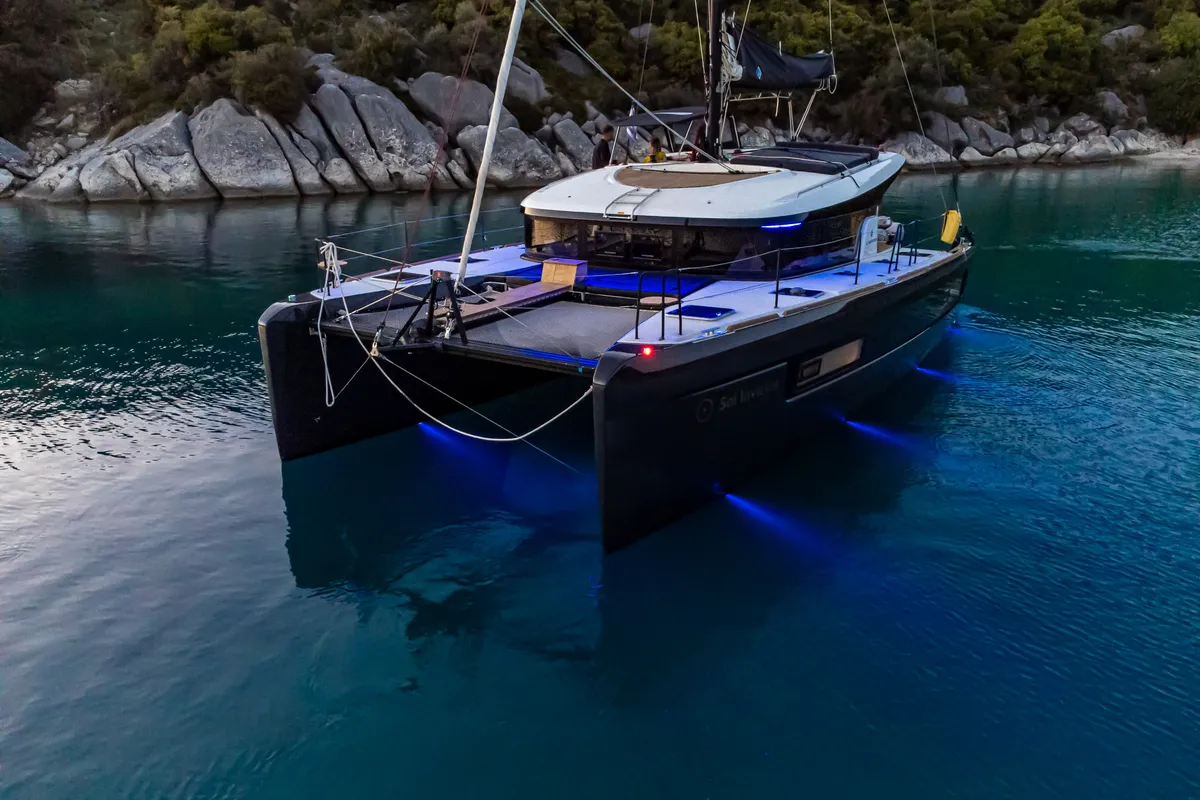Exterior view of Sol Invictus, a Lagoon 40 catamaran at Preveza, Greece