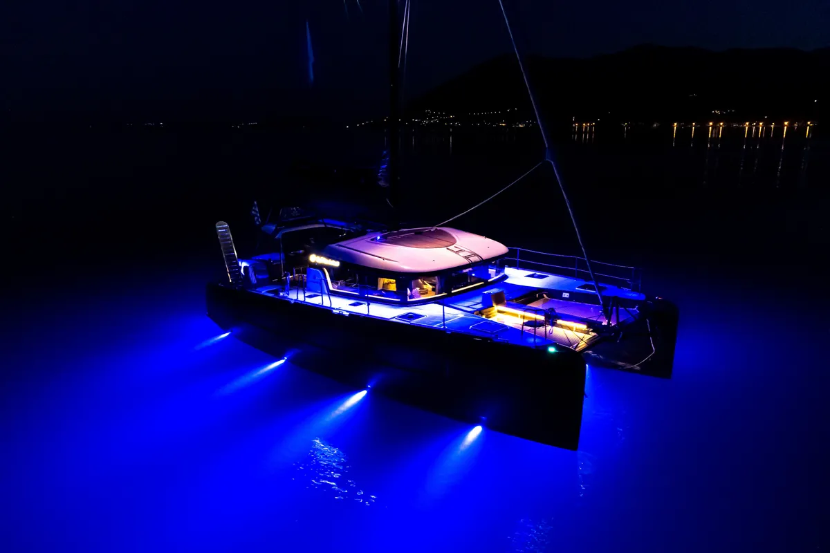 Exterior view of Sol Invictus, a Lagoon 40 catamaran at Preveza, Greece