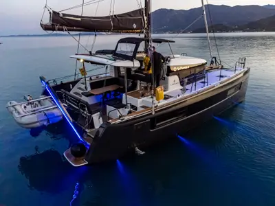 Exterior view of Sol Invictus, a Lagoon 40 catamaran at Preveza, Greece