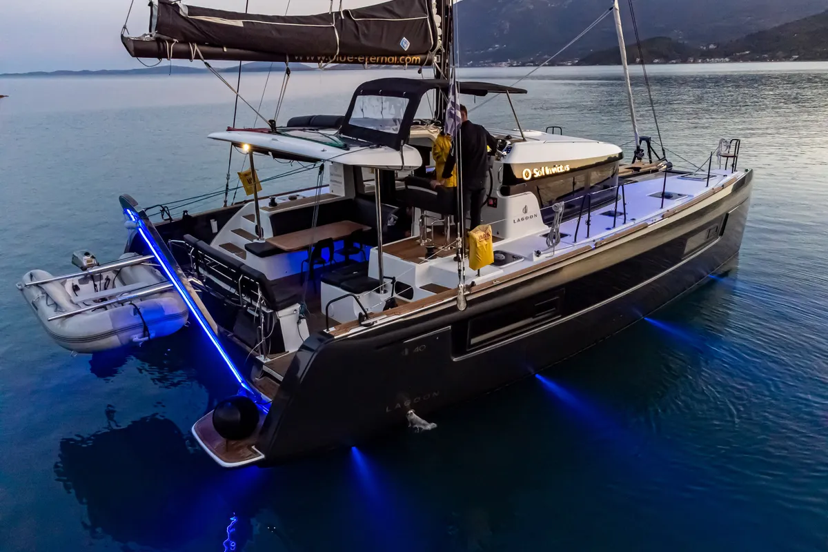 Exterior view of Sol Invictus, a Lagoon 40 catamaran at Preveza, Greece