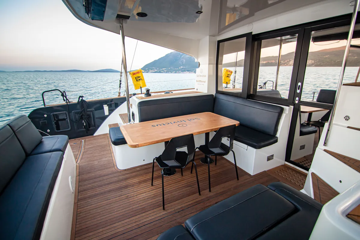 Deck of Sol Invictus, a Lagoon 40 catamaran at Preveza, Greece
