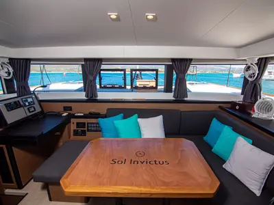 Salon of Sol Invictus, a Lagoon 40 catamaran at Preveza, Greece