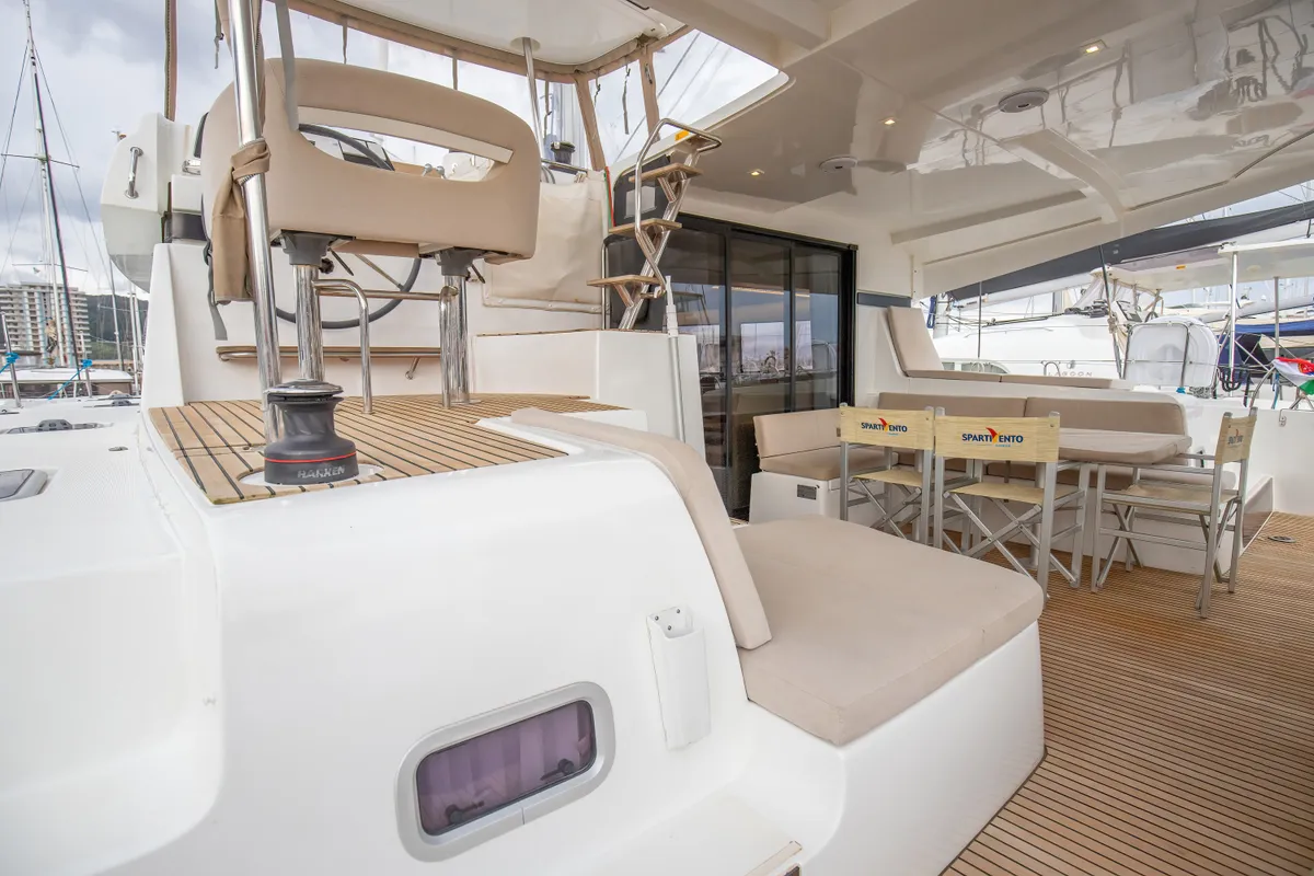 Deck of Emozione - Standard Line, a Lagoon 42 catamaran at Salerno, Italy