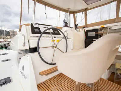 Cockpit of Emozione - Standard Line, a Lagoon 42 catamaran at Salerno, Italy