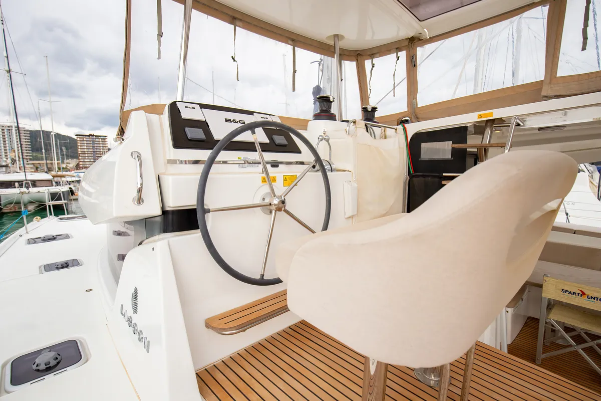 Cockpit of Emozione - Standard Line, a Lagoon 42 catamaran at Salerno, Italy