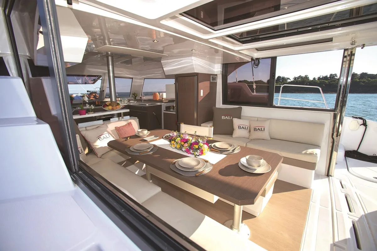 Salon of Family II, a Bali Catspace catamaran at Cogolin, France