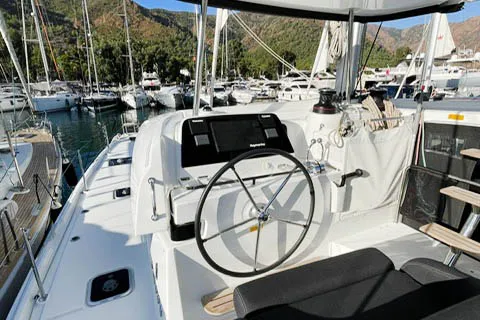 Cockpit of NORD, a Lagoon 42 catamaran at Marmaris, Turkey