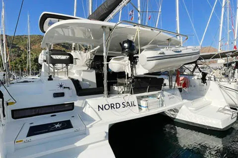 Exterior view of NORD, a Lagoon 42 catamaran at Marmaris, Turkey