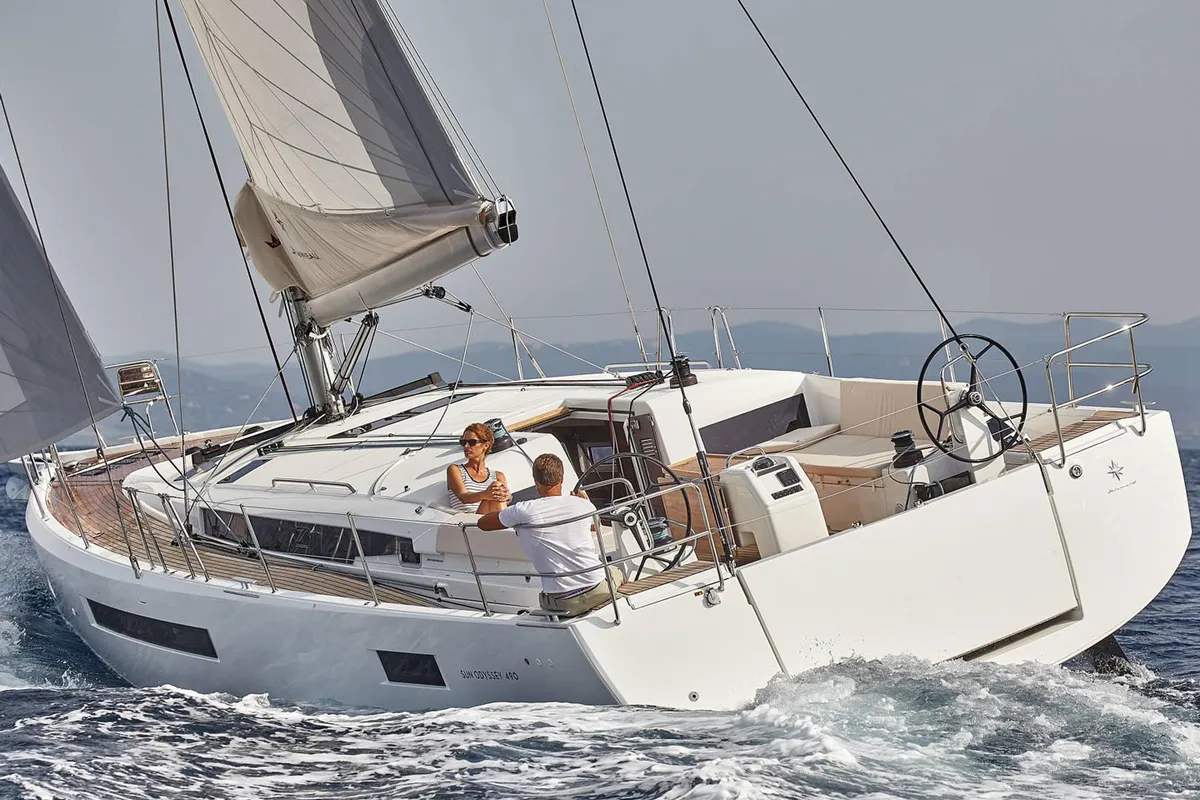 Exterior view of Konstantinos, a Jeanneau Sun Odyssey 490 sailboat at Athens, Greece