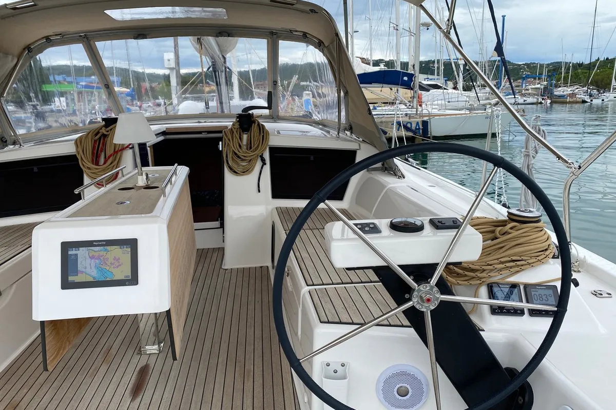 Cockpit of Catacea, a Dufour 430 sailboat at Primošten, Croatia