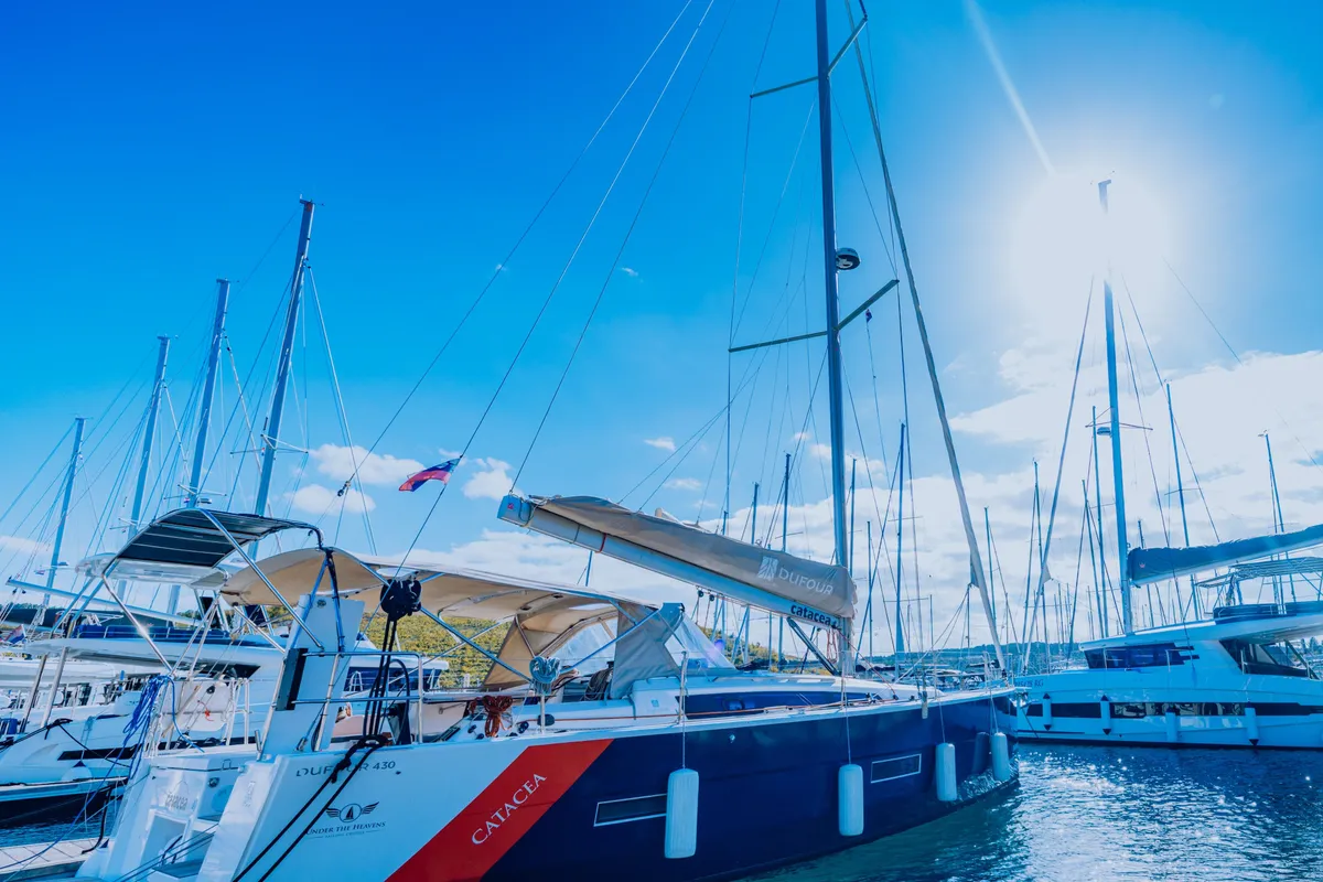 Exterior view of Catacea, a Dufour 430 sailboat at Primošten, Croatia