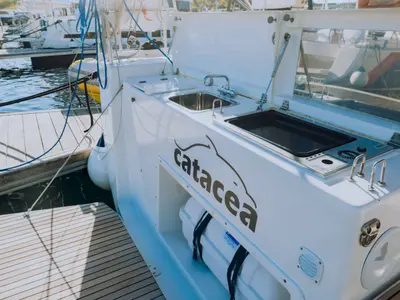 Deck of Catacea, a Dufour 430 sailboat at Primošten, Croatia