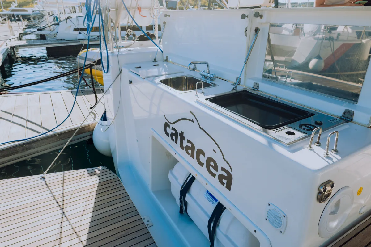Deck of Catacea, a Dufour 430 sailboat at Primošten, Croatia