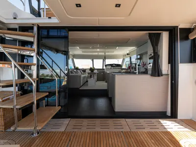 Salon of Emy 6, a Fountaine Pajot MY6 catamaran at Municipal Unit of Apollonioi, Greece