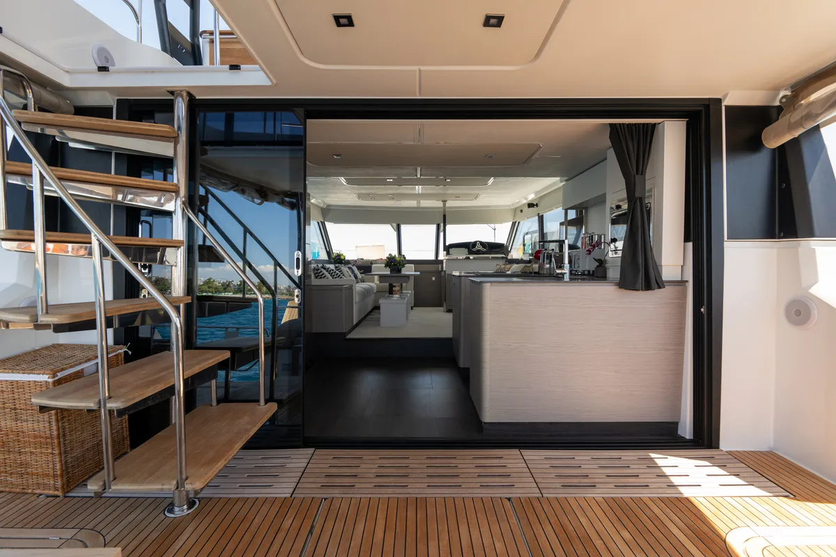 Salon of Emy 6, a Fountaine Pajot MY6 catamaran at Municipal Unit of Apollonioi, Greece