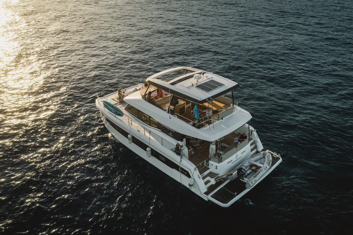 Exterior view of Emy 6, a Fountaine Pajot MY6 catamaran at Municipal Unit of Apollonioi, Greece