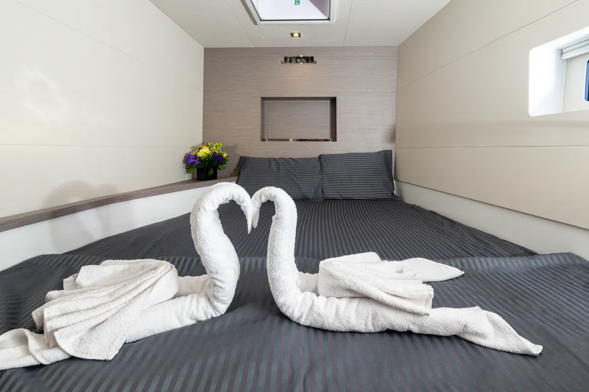 Cabin on Emy 6, a Fountaine Pajot MY6 catamaran at Municipal Unit of Apollonioi, Greece