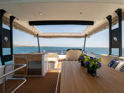 Deck of Emy 6, a Fountaine Pajot MY6 catamaran at Municipal Unit of Apollonioi, Greece