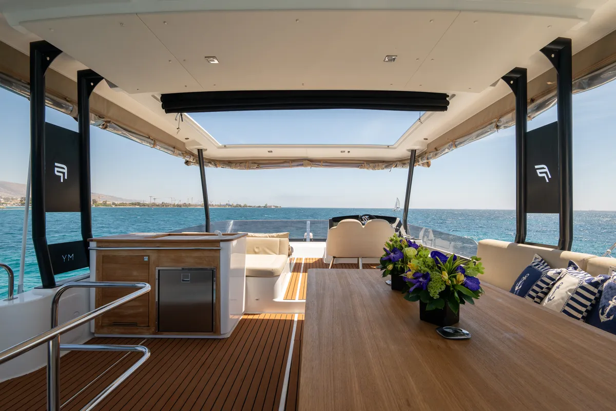 Deck of Emy 6, a Fountaine Pajot MY6 catamaran at Municipal Unit of Apollonioi, Greece