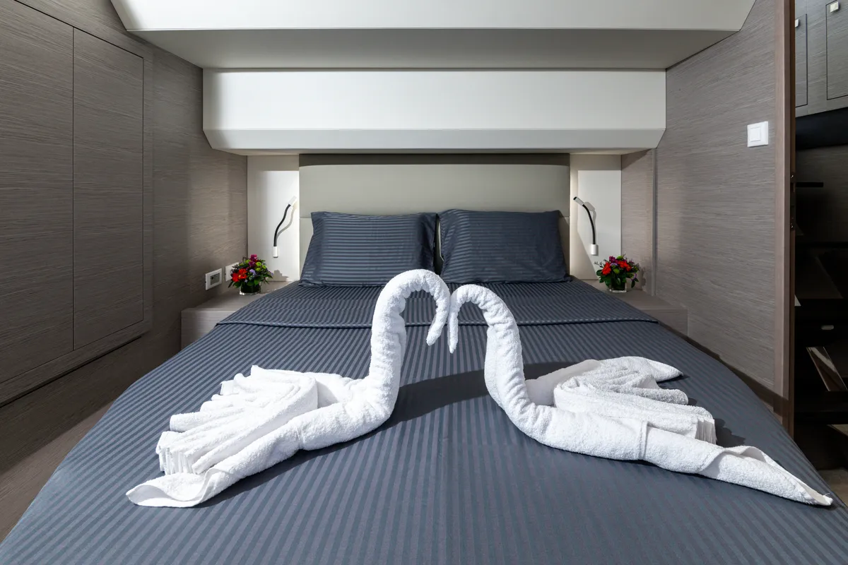 Cabin on Emy 6, a Fountaine Pajot MY6 catamaran at Municipal Unit of Apollonioi, Greece