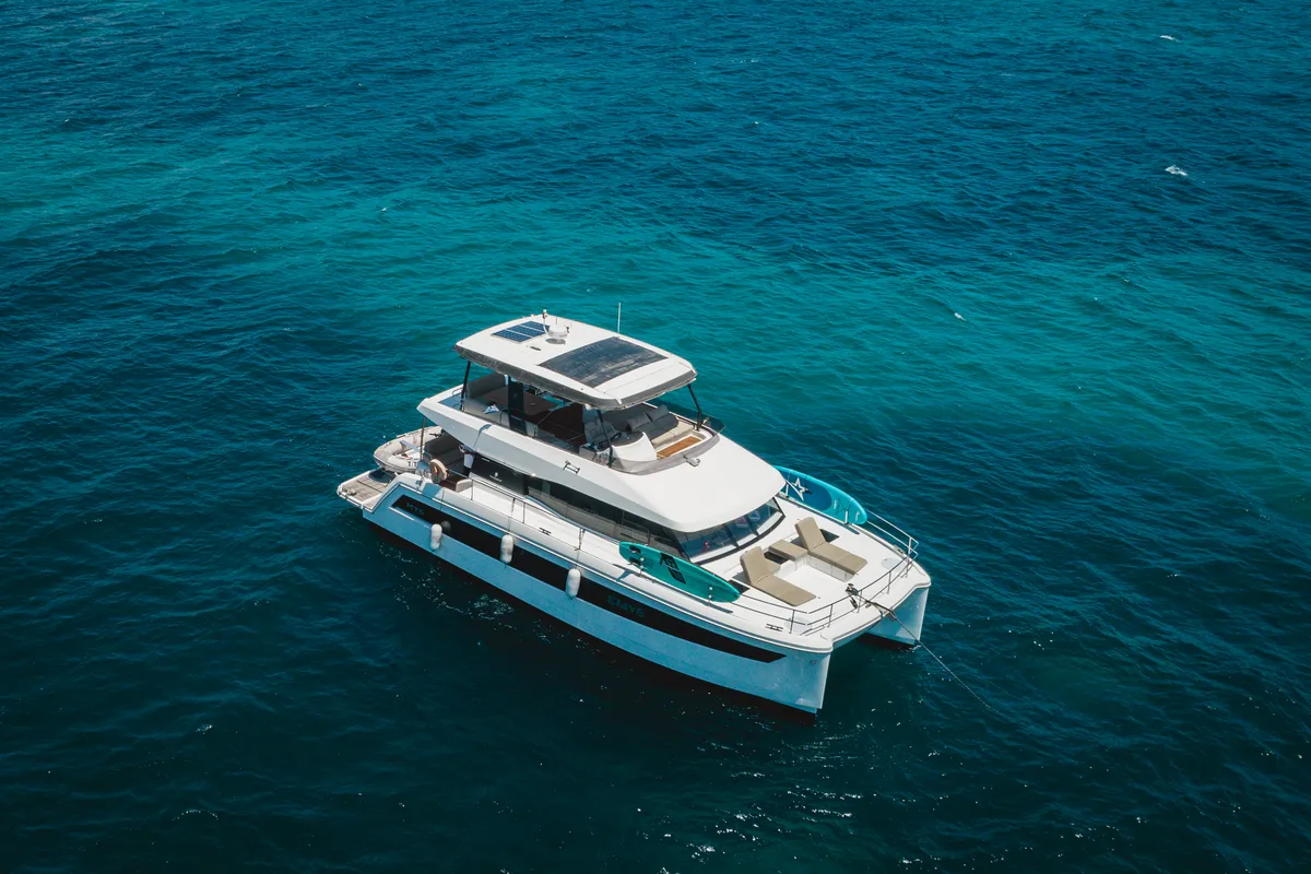 Exterior view of Emy 6, a Fountaine Pajot MY6 catamaran at Municipal Unit of Apollonioi, Greece