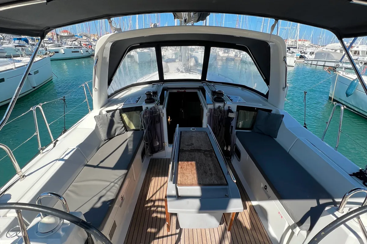 Cockpit of Tikal 2, a Beneteau Oceanis 41.1 sailboat at Municipal Unit of Lefkada, Greece