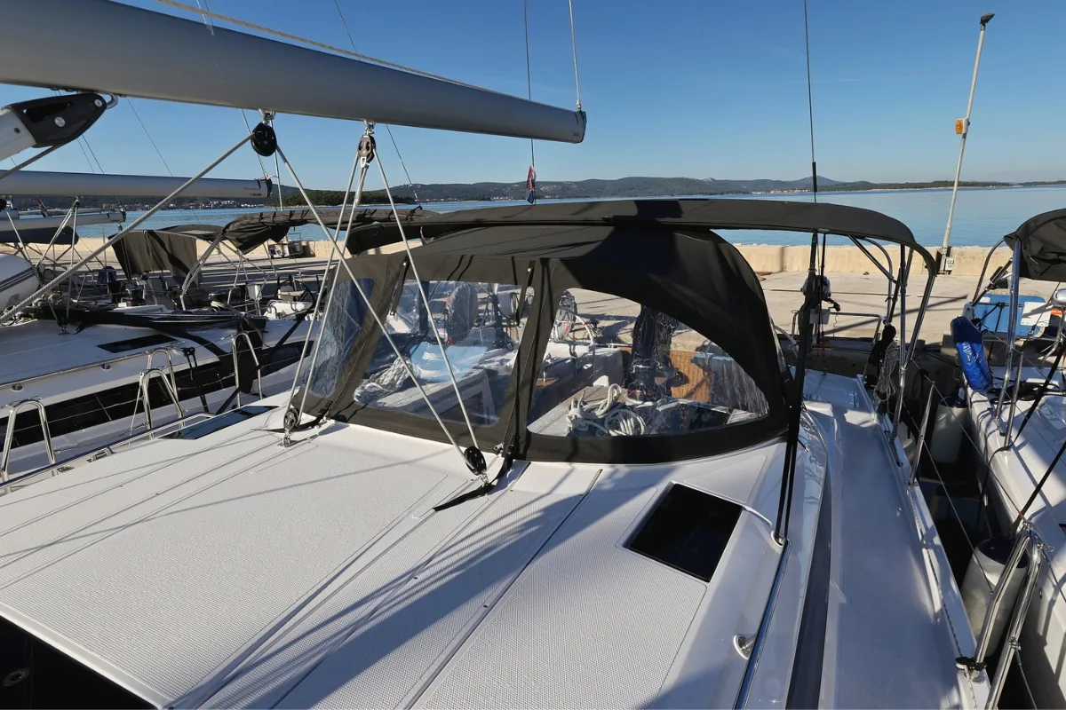 Exterior view of Scarlett, a Elan Impression 45 sailboat at Grad Biograd na Moru, Croatia