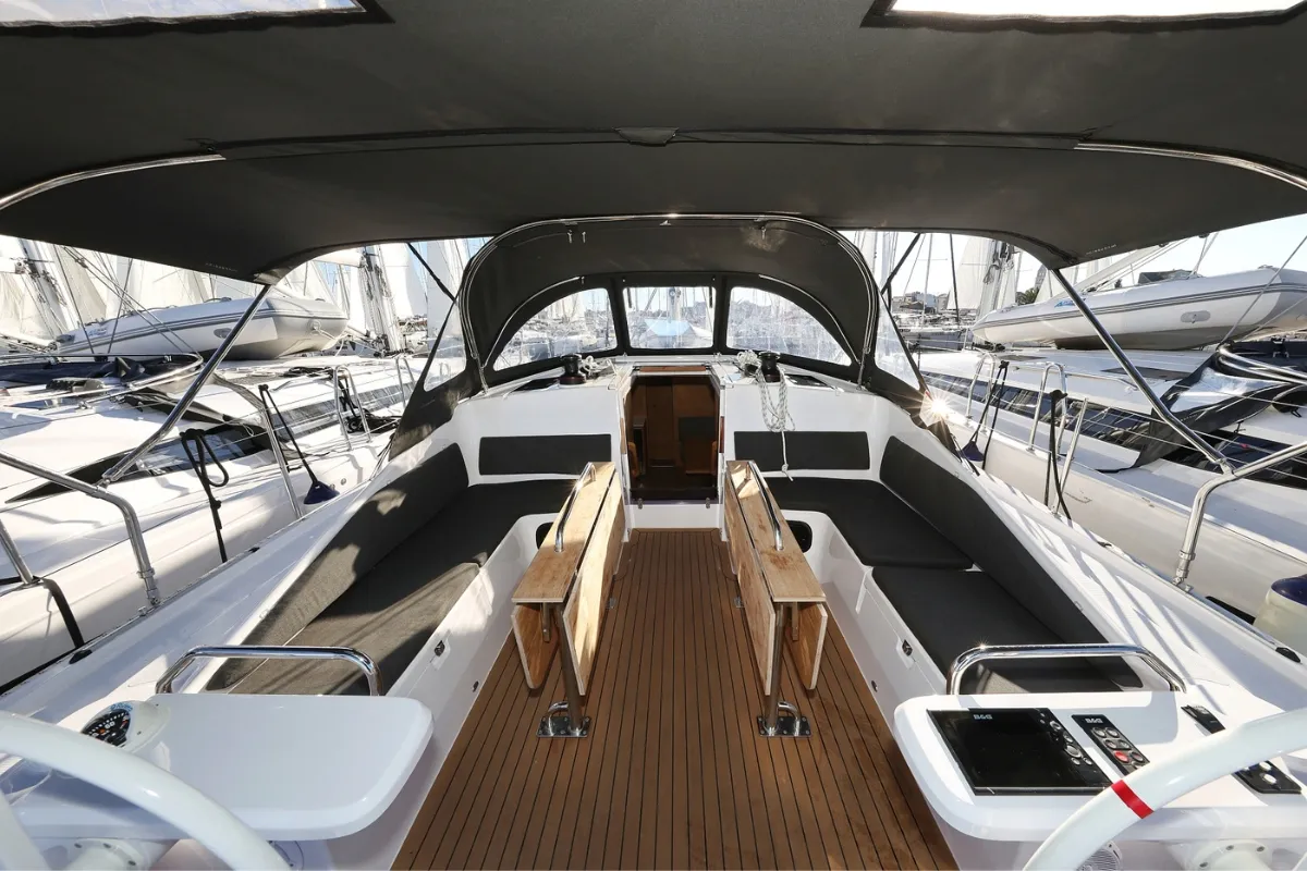 Deck of Scarlett, a Elan Impression 45 sailboat at Grad Biograd na Moru, Croatia